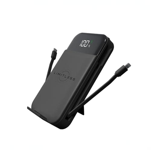 Limitless Innovations Ultimate Pro 15,000mAh Portable Power Bank PD 20W with Built-in Cables, Wireless Charging, Flashlight, Wall Plug, & Digital Display, for iPhone, Samsung, & More (Black Metallic)