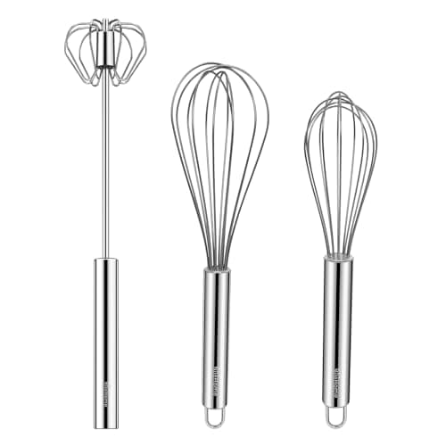 NileHome Stainless Steel Whisk Set 8" 10" Hand Blender + 12" Semi-Automatic Rotary Kitchen Whisk Kitchen Wisk Wire Whisks for Cooking, Whisking, Blending, Beating, Stirring- 3 Pack...