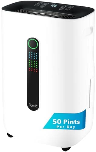 Nyxi 4,500 Sqft / 50 Pints Compressor Dehumidifier, Smart Digital Humidity Control, XL Water Tank 1.7 Gallon, Drain Hose Option, 24-Hour Timer, Removes Moisture for Home, Laundry, Office