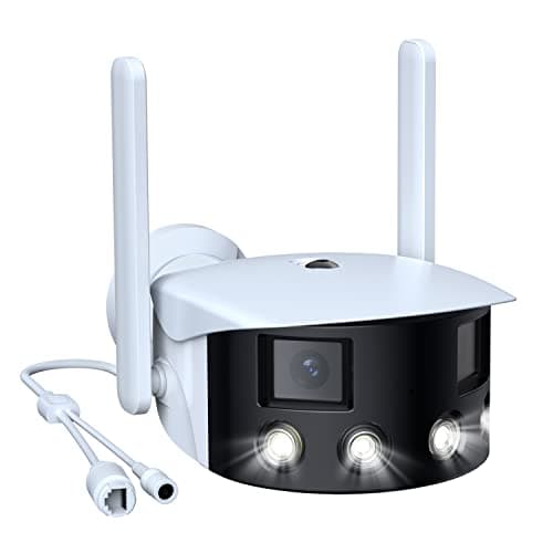 2K Security Camera Outdoor, Dual-Lens 180° Ultra Wide Angle, 2.4GHz WiFi, 4MP HD Wireless Home Surveillance Cam, Person Motion Detection, Color Night Vision, 2-Way Audio, IP66, Sound & Light Alarm
