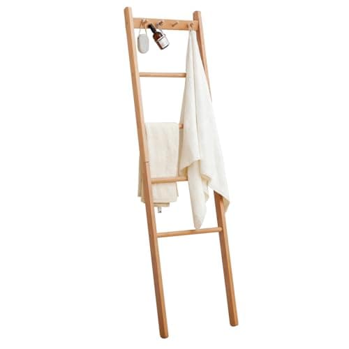 Yaochuforest Beech Wood Blanket Ladder, 5.3ft Natural Farmhouse Quilt Holder with Top Hooks, 4-Bar Decorative Throw Rack, Towel Shelf for Living Room, Bedroom, Small Space Storage (Natural)