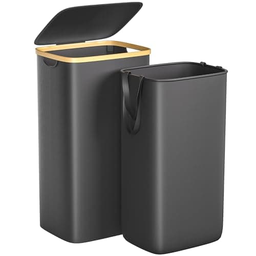 Foluck Large Laundry Hamper, 100L Waterproof Laundry Basket with Lid and Removable Bag, Collapsible Tall Clothes Hamper with Bamboo Handles for Clothes Toys in Dorm Bedroom Bathroom, Black