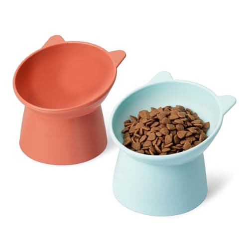 Amazon Basics Raised Cat Feeding Bowls, Cat Ear Shape, Tilted Design, Whisker-Stress Free, 5.2 x 5.2 x 4.5 in, Orange and Blue, 2-Pack