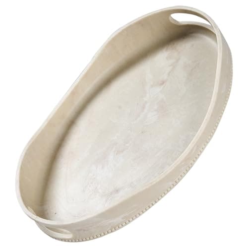 Beige Travertine Marble Serving Tray with Handles - 14x10 inches, Beaded Oval Decorative Tray, Countertop Ottoman Tray for Vanity, Living Room Entryway Table, Perfume Candle Display