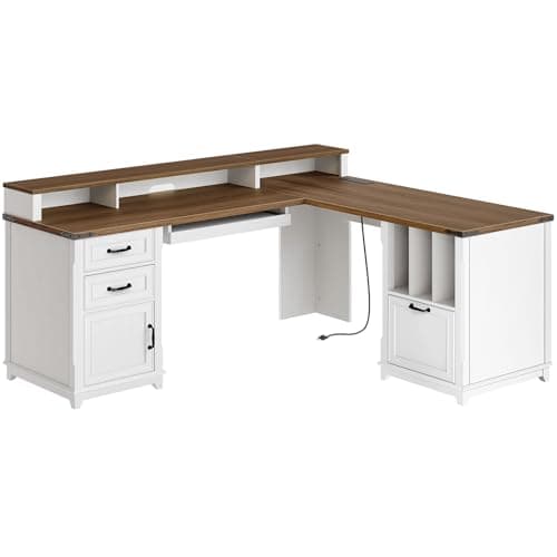 RALGEND Farmhouse 69" Executive L Shaped Desk with Drawer, Home Office Desk with Charging Station, Corner Computer Desk with Monitor Stand, File Drawer, Storage Cabinet, White and Walnut 9