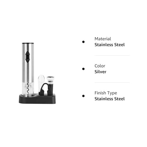 CIRCLE JOY 5-in-1 Electric Wine Opener Gift Set Stainless Steel Electric Wine Bottle Opener Battery Operated Corkscrew with Foil Cutter, Wine Pour, Wine Stopper and Storage Base, Silver 7