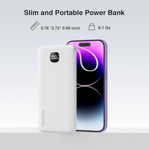 penaover Portable Charger with Built-in Cables&AC Wall Plug,Slim 10000mAh 22.5W Fast Charging Power Bank,5 Output 2 Input USB-C External Battery Pack Compatible with iPhones,Samsung,Android, etc 6