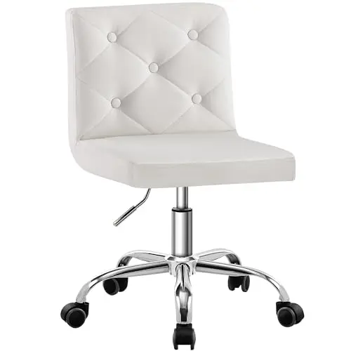 VECELO PU Leather Mid-Back Armless Vanity Chair Adjustable Height 360° Rolling Swivel for Home Office Work, White