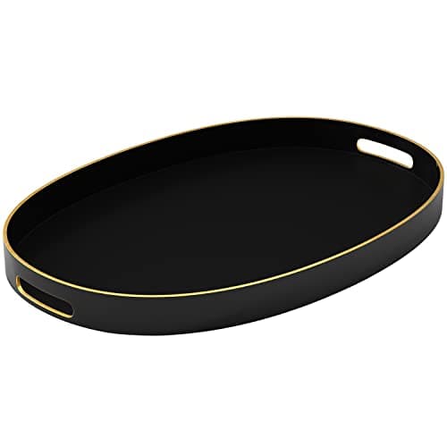 American Atelier Serving Tray with Gold Trimming | Oval Serving Tray with Handles | Trays for Serving Food, Coffee, Tea, and More | Classic Oval Coffee Table Tray | 15.3” X 10.6” (Black)