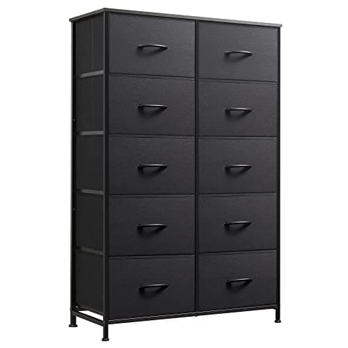WLIVE Tall Dresser for Bedroom with 10 Drawers, Chest of Drawers, Fabric Dresser with Wooden Top and Metal Frame Fabric Bins for Closet, Living Room, Hallway, Entryway, Black
