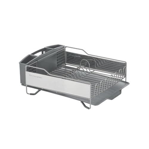 KitchenAid Large Capacity Full Size Rust Resistant Dish Rack with Angled Drain Board and Removable Flatware Caddy, Light Grey 5