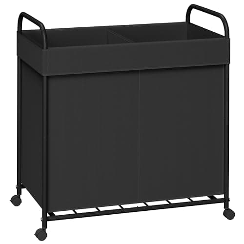 CASAMAYA Laundry Basket with Wheels, 2-Section Rolling Laundry Hamper, Laundry Sorter with Removable Liner, Steel Frame with Handle, 95L, 23.6 x 13 x 25.2 Inches, Black, LHC120B01