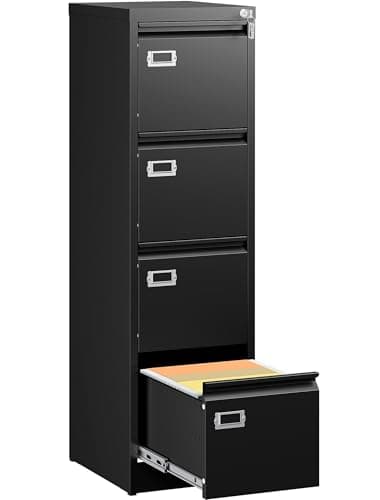 SISESOL 4 Drawer File Cabinet with Lock and Tag,Black Vertical File Cabinet,Narrow Locking Filing Cabinets with Drawers,Metal Filing Storage for Home Office Fit A4 Legal/Letter Size