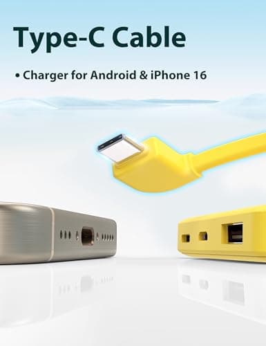 miisso 6000mah Ultra Slim Built in Cables Power Bank, Card Size Built in USB C Cords Battery Pack Portable Charger for Phones, 3 Output External Battery Pack Compatible with iPhone, Yellow 6