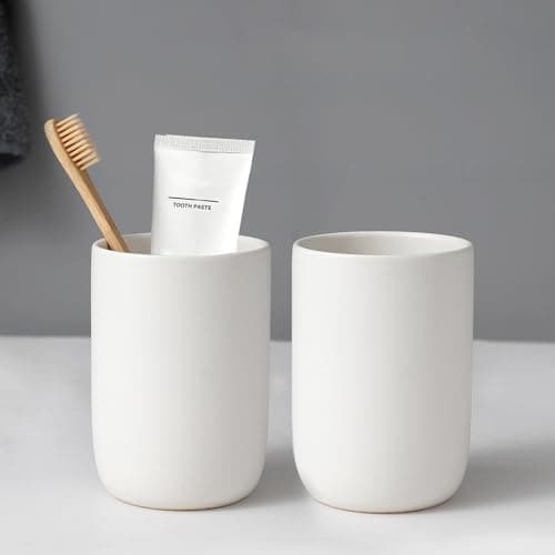 BSDISP Toothbrush Holders for Bathrooms - 2 Cups Ceramic Toothbrush Toothpaste Holders Set, White Bathroom Tumbler Cups Reusable Toothbrush Mouthwash Cup, Bathroom Counter Organizer