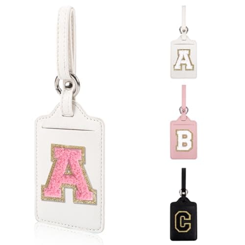 Personalized Initial Luggage Tags for Suitcases, Leather Chenille Letter Cute Luggage Tags with Privacy Name Card, Embroidered Travel Bag Backpack Tag Gifts for Women Kids Girls Teens(White-A)