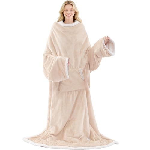 Wearable Electric Blanket with Foot Pocket and Sleeves, Heating Throw Blanket, 6 Heating Levels & Auto Shut Off, Machine Washable (Long, Beige)