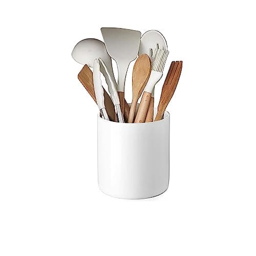 DOWAN Kitchen Utensil Holder, Utensil Holder for Countertop, Utensil Crock with Table-Protection Cork Mat, Handmade DIY Gifts, Farmhouse Kitchen Decor, Cream White