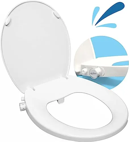 GenieBidet Right Side Bidet Toilet Seat Round - Round Bidet Toilet Seat with Adjustable Self-Cleaning Nozzles, Attachment, T Adapter & Bottle - Non Electric Bidet Seat
