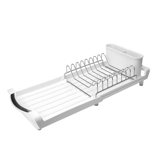 Dish Drying Rack Compact Expandable - A Space-Saving, Stainless Steel, Rust-Resistant Dish Drainer for Kitchen and Apartment Countertops/Sink Cabinets, Extendable from 11.42 to 19.9 inches (White)