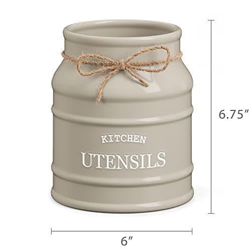 Barnyard Designs Ceramic Farmhouse Utensil Holder for Kitchen Counter, Large Rustic Utensil Crock, Countertop Cooking Tool Spatula Organizer, 6.75” (Taupe) 7