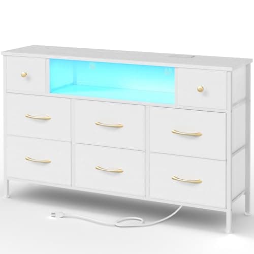 Fixwal Dresser for Bedroom with Power Outlets and LED Lights, White 55" TV Stand with 8 Drawers, Fabric Chest of Drawers with PU Finish for Living Room, Entryway
