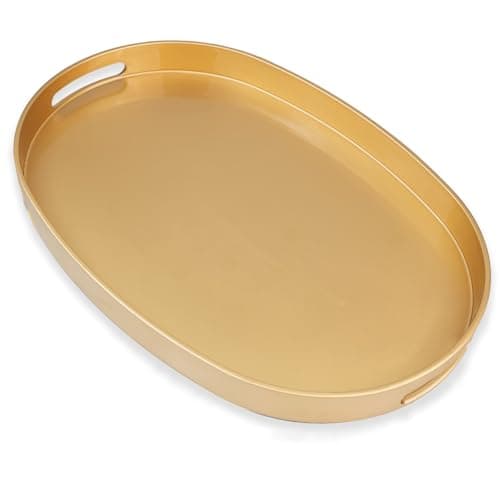 Omuriko Gold Oval Decorative Tray with Handles, Versatile Serving Tray for Coffee Table, Ottoman, Ideal for Serving, Displaying, Organizing, 15.3"*10.6"*1.37"