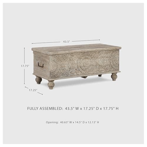 Signature Design by Ashley Fossile Ridge Boho Carved Wood Storage Bench with Hinge Top, Beige 3