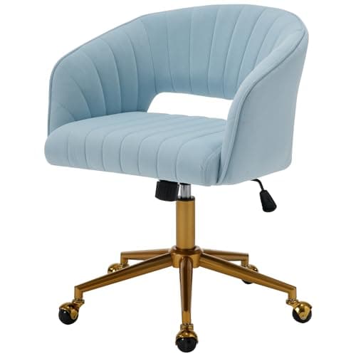 Westice Home Office Desk Chairs, Modern Velvet Rolling Chair, Height Adjustable Swivel Vanity Chair with Golden Base, Ergonomic Chair for Study, Living Room Computer Room, Light Blue