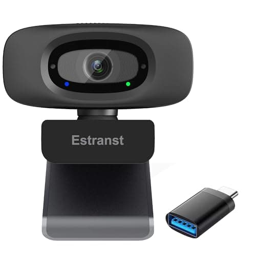 Estranst 2K Quad HD Webcam with Privacy Cover & Noise-Canceling Microphone, Video Web Streaming Camera for PC Computer Desktop Laptop Mac Zoom Teams &More, 1pc USB C Adapter