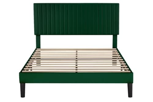 Allewie Queen Bed Frame, Velvet Upholstered Platform Bed with Adjustable Vertical Channel Tufted Headboard, Mattress Foundation with Strong Wooden Slats, Box Spring Optional, Easy Assembly, Green 9