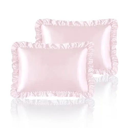 HommxJF Blush Pink Satin Ruffled Pillow Cases for Hair and Skin,Blush Pink Silk Pillowcases Standard Set of 2 with Envelope Closure Princess Room Decoration