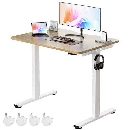 Okin Small Electric Standing Desk, 36" x 24" Whole Piece Height Adjustable Desk, Oak Sit to Stand Computer Workstation with Wheels for Home Office