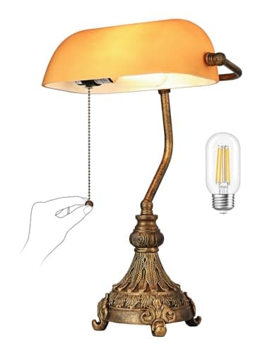 Newrays Vintage Amber Glass Bankers Desk Lamp for Home Office,Library with Pull Chain Switch Plug in Fixture, LED Bulb Included
