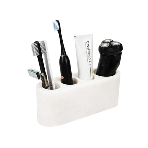 BCS Toothbrush Holder for Bathrooms, 4 Slots Marble Toothbrush and Toothpaste Holder Stand Bathroom Organizer Countertop for Electric Toothbrush, Floss, Razor, Comb - Karibib Ice