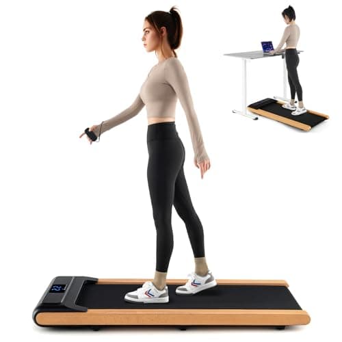 Goplus Walking Pad, Wooden Under Desk Treadmill for Home Office, Portable Walking Pad Treadmill with Remote Control, APP Control and LED Display, Installation-Free Walking Jogging Machine