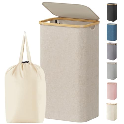 Lifewit 100L Laundry Basket with Lid, Clothes Hampers for Laundry with Bamboo Handles and 1 Removable Bag, Large Foldable Laundry Hamper for Bedroom, Bathroom, Dorm, Laundry Room, Beige