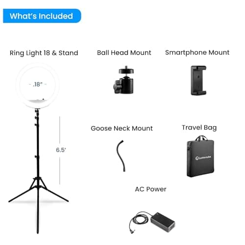 Lume Cube LED Ring Light for Videos, Selfies, Live Streaming |18” Circle Light with Stand, Phone Holder, and Camera Mount | Portable + 6.5 ft Tripod Stand and Travel Case | Battery Not Included 8
