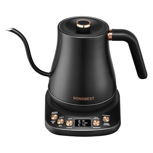 RONGBEST Electric Gooseneck Kettle, 1200W, 6 Temperature Settings, Stainless Steel Inner Lid & Bottom, 1L Quick Heating Pour Over Kettle for Coffee & Tea, Matte Black