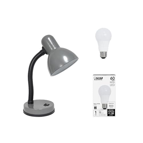 Simple Designs LD1003-GRY-LB 14.25" Basic Metal Desk Lamp with Flexible Hose Neck for Office, Living Room, Bedroom, College Dorm, Bookshelf, Silver, with Feit LED Bulb Included