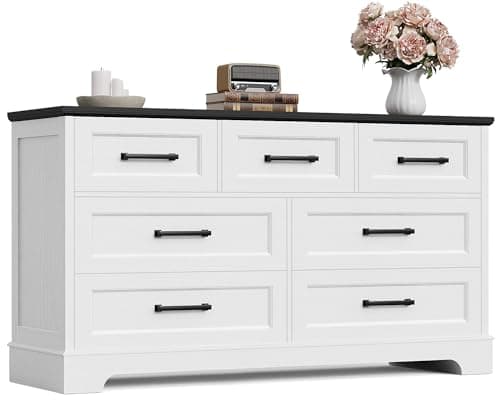Furmax Farmhouse Dresser for Bedroom, 7 Drawers Dresser, Wood Chest of Drawers, 52" Wide Storage Dressers Organizer for Bedroom, Living Room, White and Black