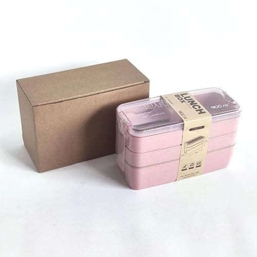 Mejiwasmi Portable Bento Box, 3-layers Lunch Box, 900ML Wheat Straw Dinnerware Food Storage Container (Pink) 7