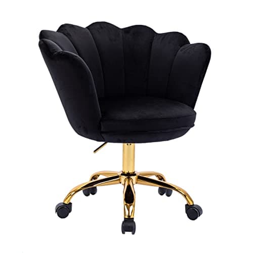 ZOBIDO Comfy Home Office Task Chair with Wheels, Cute Modern Upholstered Velvet Seashell Back Adjustable Swivel Vanity Desk Chair, for Women, for Girls, Living Room, Bedroom(Blackness)