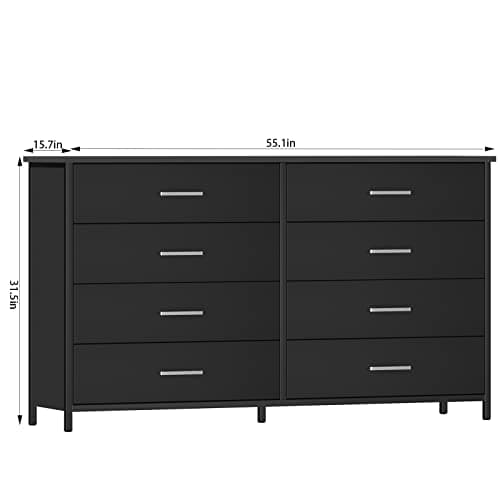IKENO 8 Drawer Dresser for Bedroom, Industrial Wood Dresser Wide 8 Chest of Drawers, Wooden Storage Organizer Dresser with Sturdy Steel Frame (Black) 2