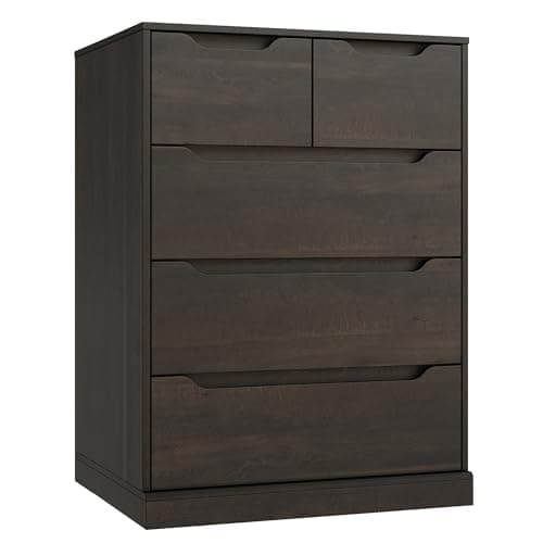 HOSTACK Modern 5 Drawer Dresser for Bedroom, Chest of Drawers with Storage, Wood Storage Chest Organizers with Cut-Out Handles, Accent Storage Cabinet for Living Room, Entryway, Hallway, Dark Brown