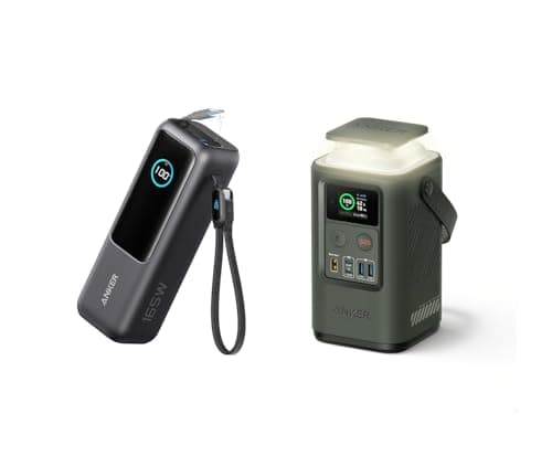 Anker Power Bank 25K 165W with Built-in USB-C and Retractable Cable Power Station 60,000mAh 87W with Smart Display, Lighting, SOS Mode, and Home Backup for Travel and Camping