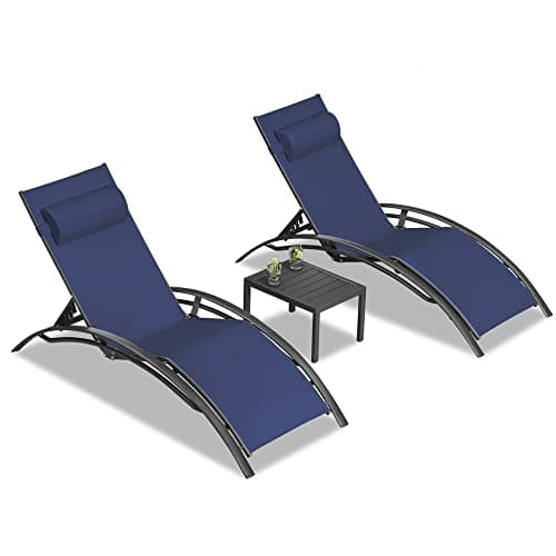 PURPLE LEAF Patio Chaise Lounge Set Outdoor Beach Pool Sunbathing Lawn Lounger Recliner Outside Tanning Chairs with Arm for All Weather Side Table Included Navy Blue 9