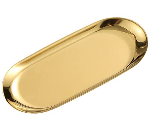 1 Pcs Gold Trinket Tray Oval Stainless Steel Small Serving Trays Towel Storage Dish Plate Tea Fruit Trays Jewelry Plate Decorative Storage Tray (Gold 1pcs, 9 x 3.8 Inch)