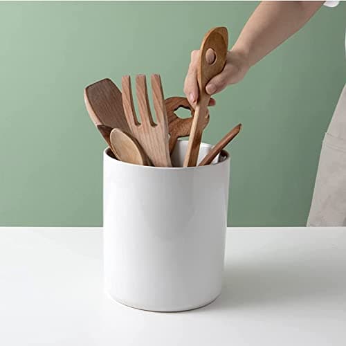 DOWAN Kitchen Utensil Holder, Large Utensil Holder for Countertop (H7.2” x W6.2”), Ceramic Cooking Utensil Holder for Kitchen Decor, Utensil Crock with Cork Mat, Handmade DIY Gifts, Cream White 7