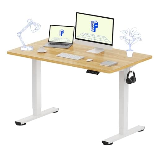 FLEXISPOT EN1 One-Piece Standing Desk 48 x 24 Inches Height Adjustable Electric Sit Stand Up Desk for Home Office (White Frame + Maple Desktop)
